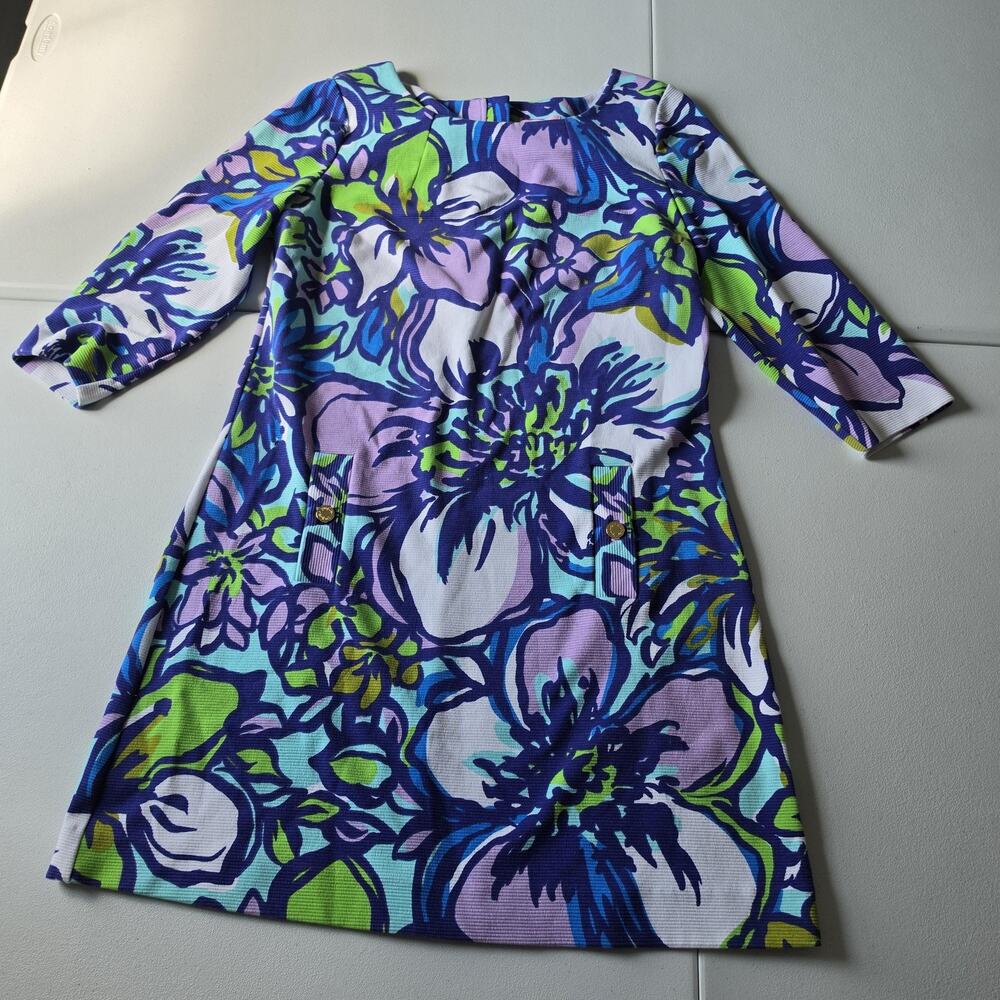 Lilly Pulitzer Dress Womens XL Multicolor Floral Knit Shift Pockets 3/4 Sleeve